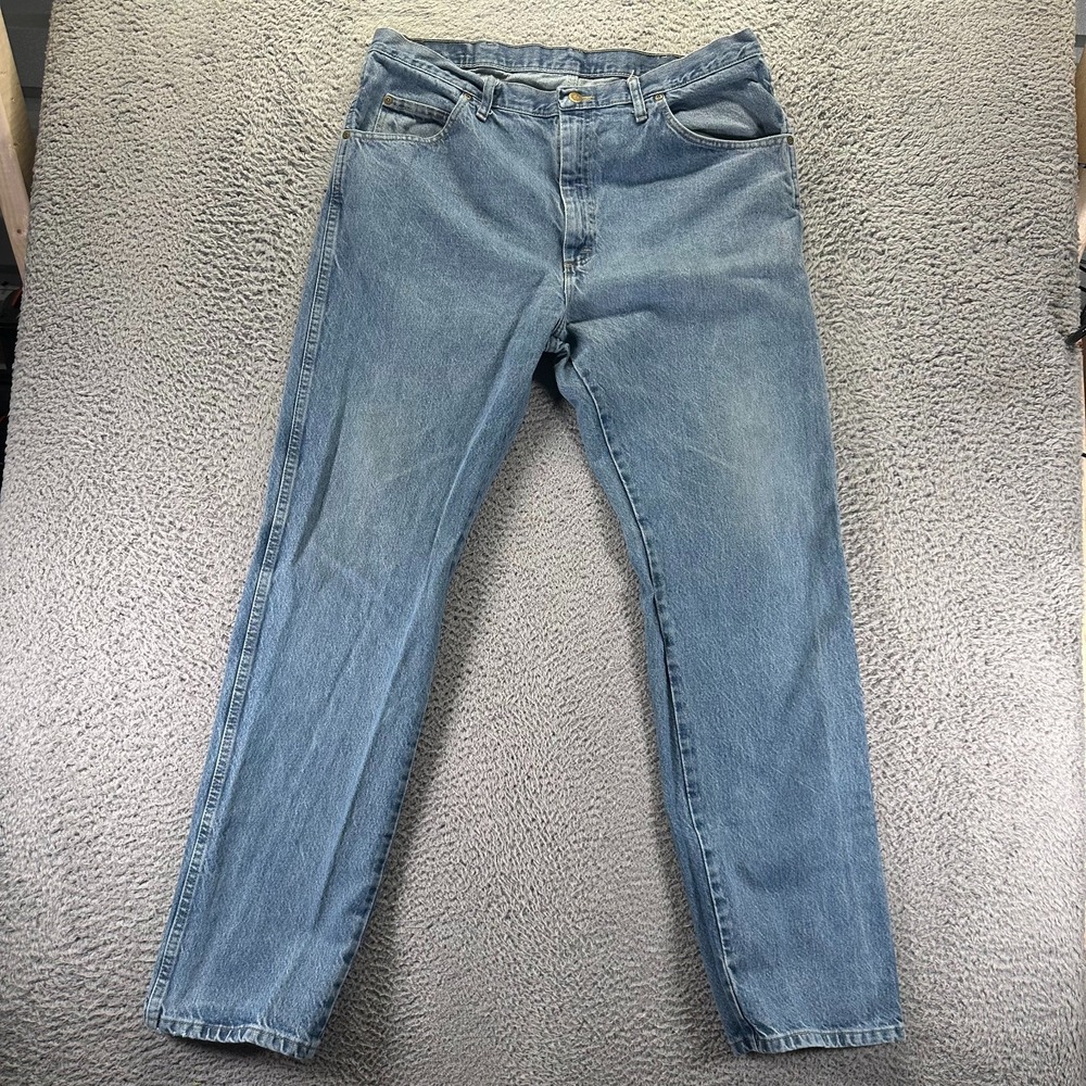 Wrangler Jeans Mens 38x34 Blue Cotton Denim Straight Leg Faded Travel Workwear